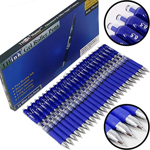 THINK2MASTER [24 Pens - Blue Ink] Think2 Retractable Gel Pens. (24 Blue) Fine Point (0.5mm) Rollerball Pens with Comfort Grip.