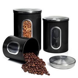 mixpresso 3 piece black canisters sets for the kitchen, kitchen jars with see through window | airtight coffee container, tea organizer, and sugar canister, kitchen canisters set of 3 (black)