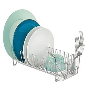 mDesign Steel Compact Modern Dish Drying Rack with Removable Cutlery Tray, Caddy - Dish Drainer, Dish Rack for Kitchen Counter, Sink - Holds Dishes, Utensil, Board - Concerto Collection - Chrome/Clear
