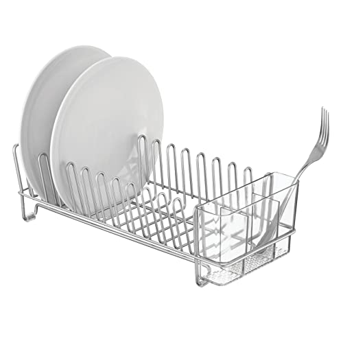 mDesign Steel Compact Modern Dish Drying Rack with Removable Cutlery Tray, Caddy - Dish Drainer, Dish Rack for Kitchen Counter, Sink - Holds Dishes, Utensil, Board - Concerto Collection - Chrome/Clear