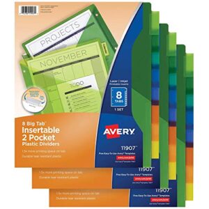 avery 8-tab plastic pocket dividers for home office or homeschool supplies, insertable multicolor, 3 sets (11907)