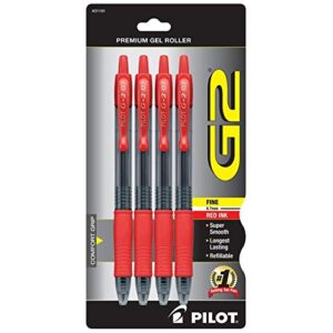 Pilot® G-2™ Retractable Gel Pens, Fine Point, 0.7 mm, Clear Barrels, Red Ink, Pack Of 4