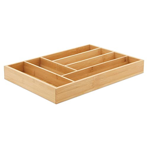 Juvale Narrow Bamboo Silverware Drawer Organizer, Wooden Cutlery Tray Holder for Kitchen, Flatware & Utensil Storage with 6 Slots, 14.5 x 10.25 x 1.75 Inches