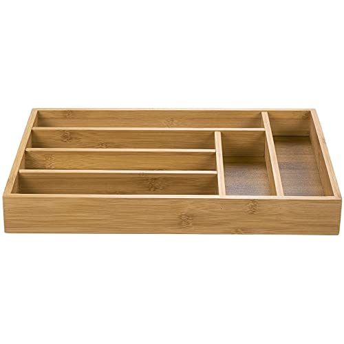 Juvale Narrow Bamboo Silverware Drawer Organizer, Wooden Cutlery Tray Holder for Kitchen, Flatware & Utensil Storage with 6 Slots, 14.5 x 10.25 x 1.75 Inches