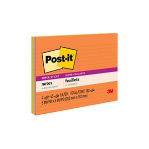 post-it super sticky notes, 8×6 in, 4 pads, 2x the sticking power, energy boost collection, bright colors, recyclable (6845-sspl)