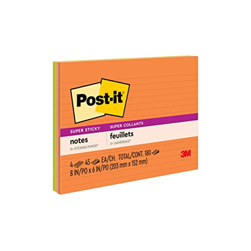 Post-it Super Sticky Notes, 8x6 in, 4 Pads, 2x the Sticking Power, Energy Boost Collection, Bright Colors, Recyclable (6845-SSPL)