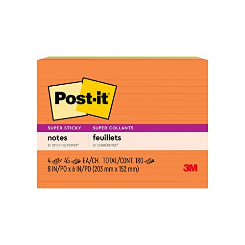 Post-it Super Sticky Notes, 8x6 in, 4 Pads, 2x the Sticking Power, Energy Boost Collection, Bright Colors, Recyclable (6845-SSPL)