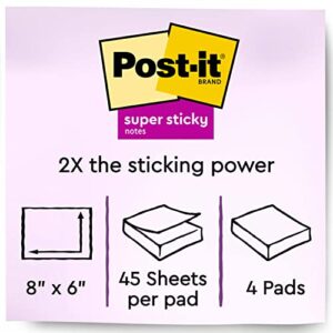 Post-it Super Sticky Notes, 8x6 in, 4 Pads, 2x the Sticking Power, Energy Boost Collection, Bright Colors, Recyclable (6845-SSPL)