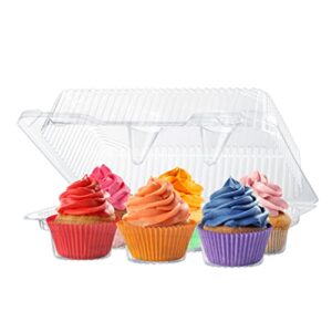 plastic cupcake containers boxes | 6 compartment – 42 pack | disposable high dome dozen cupcake holder with lid bulk | extra sturdy stackable cupcake boxes | durable muffin packaging transporter to go