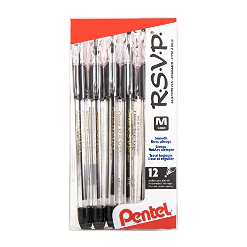 Pentel(R) R.S.V.P.(R) Ballpoint Pens, 1.0 mm, Medium Point, Clear Barrel, Black Ink, Pack Of 12, BK91-A