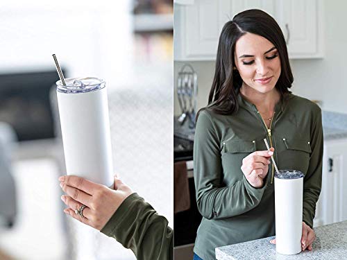 SKINNY TUMBLERS (4 pack) 20oz Stainless Steel Double Wall Insulated Tumblers with Lids and Straws | Skinny Travel Mug, Straw Cleaner INCLUDED! Reusable Cup With Straw | Vinyl DIY Gifts (Matte White)