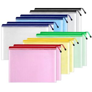 sunee 12pcs mesh zipper pouch 11×16, large storage bags for board game & puzzle organizing, reusable plastic zip organizer for travel (a3, 6 colors)