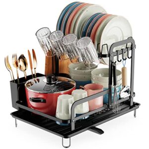 gslife dish drying rack with drainboard – 2 tier rust resistant dish rack for kitchen counter, dish drainer racks set with utensil holder, cutting board holder, black