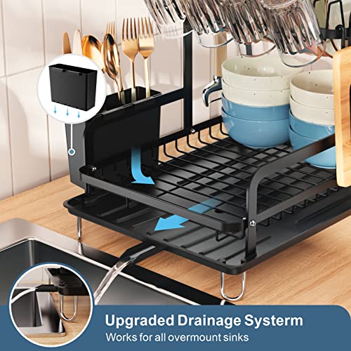 GSlife Dish Drying Rack with Drainboard - 2 Tier Rust Resistant Dish Rack for Kitchen Counter, Dish Drainer Racks Set with Utensil Holder, Cutting Board Holder, Black