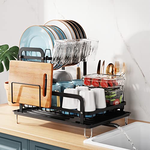 GSlife Dish Drying Rack with Drainboard - 2 Tier Rust Resistant Dish Rack for Kitchen Counter, Dish Drainer Racks Set with Utensil Holder, Cutting Board Holder, Black