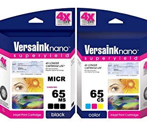 VersaInk-nano HP 65 MS MICR Black Ink Cartridge for Check Printing & VersaInk-Nano 65 CS Tri-Color Ink Cartridge Pack, Cyan, Yellow, Magenta, Black