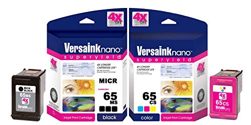 VersaInk-nano HP 65 MS MICR Black Ink Cartridge for Check Printing & VersaInk-Nano 65 CS Tri-Color Ink Cartridge Pack, Cyan, Yellow, Magenta, Black