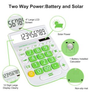 Calculators Desktop, Two Way Power Battery and Solar Desk Calculator, Big Buttons Easy to Press Used as Office Calculators for Desk, 12 Digit Adding Machine Calculators Large LCD Display (Green)