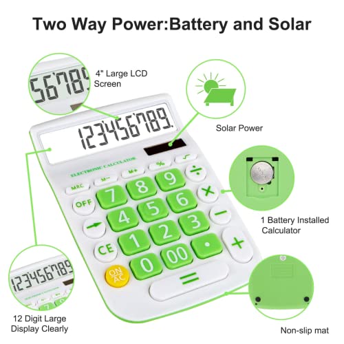 Calculators Desktop, Two Way Power Battery and Solar Desk Calculator, Big Buttons Easy to Press Used as Office Calculators for Desk, 12 Digit Adding Machine Calculators Large LCD Display (Green)