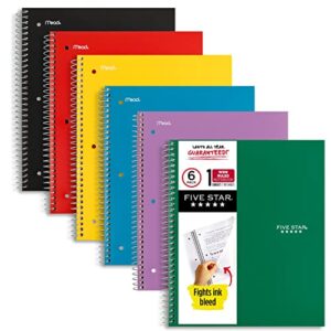 five star spiral notebooks, 6 pack, 1-subject, wide ruled paper, 10-1/2″ x 8″, 100 sheets, assorted colors will vary, 6 count (pack of 1)