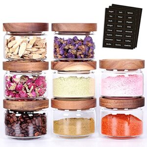 tzerotone 8 pcs spice containers – 8.5oz glass spice jars with acacia airtight lid and labels – stackable empty round spice bottles for kitchen seasoning, coffee bean, tea, suger, herbs