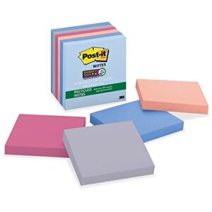 post-it super sticky recycled notes, 5 pastel colors, sticks and resticks, 3 in x 3 in