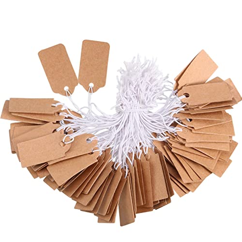 300 Pieces Marking Tags Kraft Price Tags Writable Blank Price Labels Display Tags with Elastic Hanging String(1.38 x 0.71 Inch)