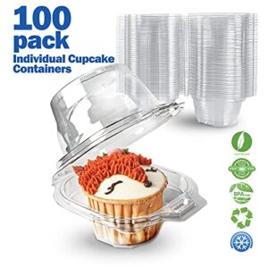 IHONGBEI 100 Packs Individual Cupcake Containers Stackable Single Compartment Cupcake Disposable Carrier Holder Box Deep Dome Clear Plastic BPA-free (100 PCs)