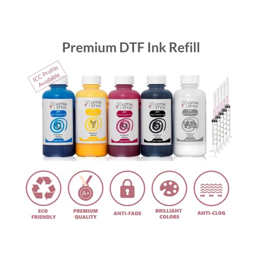 LOTSA. STYLE Premium DTF Ink Refill for Inkjet Printers Heat Transfer Film Printing (120ml x 6, CMYK Wh)