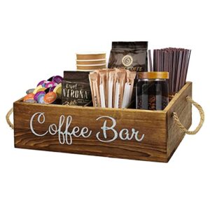 coffee station organizer – 3 removable dividers, wooden coffee bar accessories storage container for countertop, farmhouse kcup coffee pod holder basket with handle for coffee lover