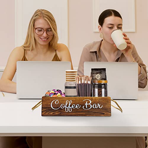 Coffee Station Organizer - 3 Removable Dividers, Wooden Coffee Bar Accessories Storage Container For Countertop, Farmhouse Kcup Coffee Pod Holder Basket With Handle For Coffee Lover