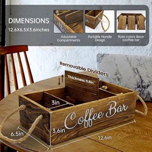 Coffee Station Organizer - 3 Removable Dividers, Wooden Coffee Bar Accessories Storage Container For Countertop, Farmhouse Kcup Coffee Pod Holder Basket With Handle For Coffee Lover