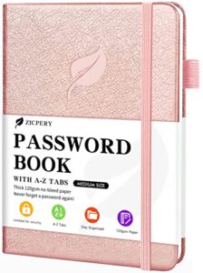 zicpery password book with alphabetical tabs – premium leatherette hardcover internet password keeper logbook – untitled medium size password notebook & organizer for home or office (rose gold)