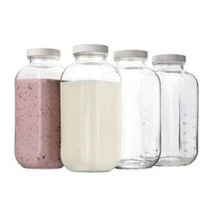 kitchentoolz 32oz square glass milk bottle with plastic airtight lids, reusable dairy drinking containers for refrigerator with measurement marks, yogurt, smoothies, kombucha, water- 4 pack