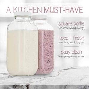 kitchentoolz 32oz Square Glass Milk Bottle with Plastic Airtight Lids, Reusable Dairy Drinking Containers for Refrigerator with Measurement Marks, Yogurt, Smoothies, Kombucha, Water- 4 Pack