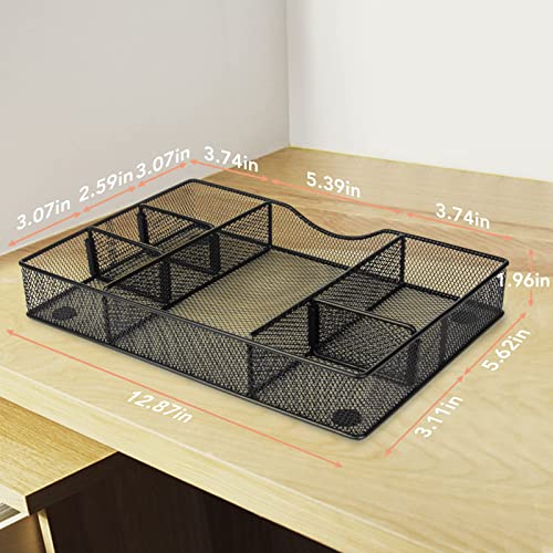 VyGrow Desk Drawer Organizer Tray, Metal Mesh Drawer Organizers Office, 6 Adjustable Compartment, Desk Organizer Tray for Home Office 12.87x8.73x1.96 inch, Black, 1 Pack