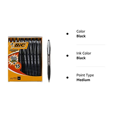 BIC Atlantis Retractable Ballpoint Pen, 1.0mm, Medium Point, Black Ink, Pack of 15