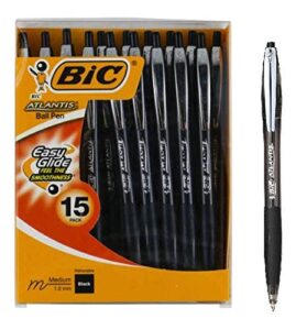 bic atlantis retractable ballpoint pen, 1.0mm, medium point, black ink, pack of 15