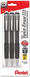 pentel mechanical pencil 0.5 mm twist erase iii – twist up eraser – pre-loaded with pentel super hi-polymer hb lead – black barrel – 3-pack – fine point