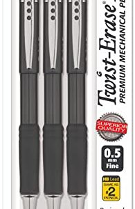 Pentel Mechanical Pencil 0.5 mm Twist Erase III - Twist Up Eraser - Pre-Loaded with Pentel Super Hi-Polymer HB Lead - Black Barrel - 3-Pack - Fine Point