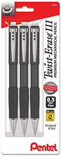 Pentel Mechanical Pencil 0.5 mm Twist Erase III - Twist Up Eraser - Pre-Loaded with Pentel Super Hi-Polymer HB Lead - Black Barrel - 3-Pack - Fine Point