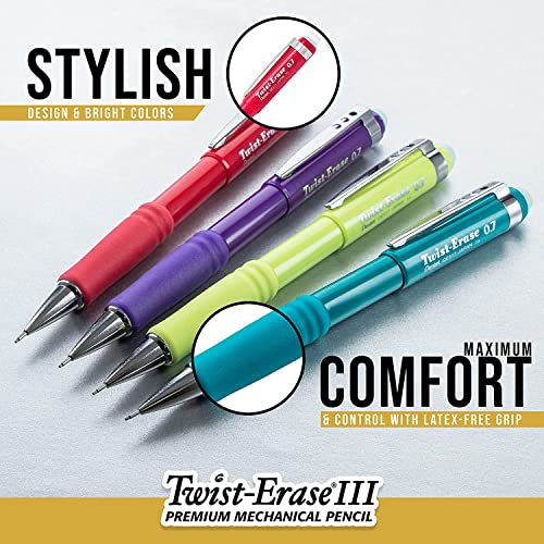 Pentel Mechanical Pencil 0.5 mm Twist Erase III - Twist Up Eraser - Pre-Loaded with Pentel Super Hi-Polymer HB Lead - Black Barrel - 3-Pack - Fine Point