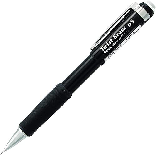 Pentel Mechanical Pencil 0.5 mm Twist Erase III - Twist Up Eraser - Pre-Loaded with Pentel Super Hi-Polymer HB Lead - Black Barrel - 3-Pack - Fine Point