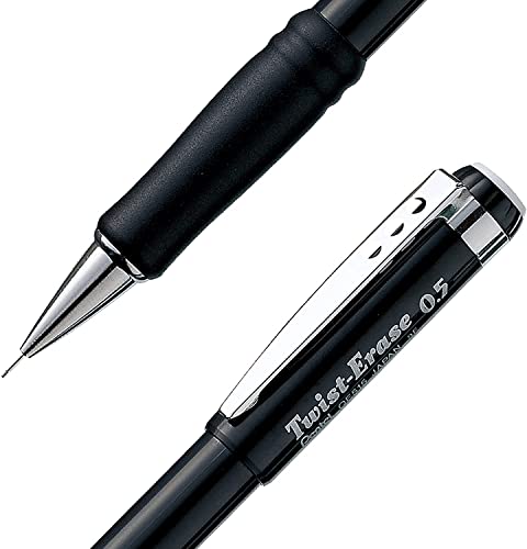 Pentel Mechanical Pencil 0.5 mm Twist Erase III - Twist Up Eraser - Pre-Loaded with Pentel Super Hi-Polymer HB Lead - Black Barrel - 3-Pack - Fine Point