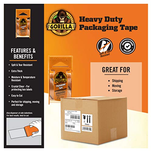 Gorilla Heavy Duty Packing Tape with Dispenser for Moving, Shipping and Storage, 1.88" x 25 yd, Clear, (Pack of 6)