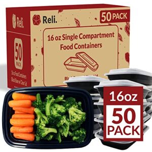reli. meal prep containers, 16 oz. | 50 pack | 1 compartment food container w/lids | microwavable food storage containers/to go | black reusable bento box/lunch box containers for food/meal prep