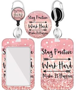 plifal badge holder with retractable reel, inspirational quote id name tag work badge clip heavy duty vertical card protector cover case for work office nurse medical student teacher women men(pink)