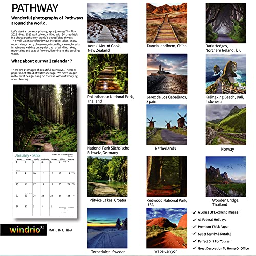 2023 Wall Calendar, 14 Monthly Wall Calendar PATHWAY Nov. 2022 - Dec. 2023, 12" x 24" Opened, Full Page Months Thick Paper for Gift Calendar Organizing Planning