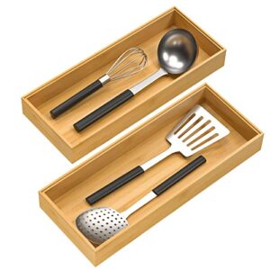 veyfey bamboo drawer organizer, stackable utensil organizer for kitchen, bamboo storage box wood silverware tray for drawer 15″ x 6″ x 2″ set of 2