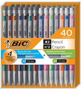 bic mechanical pencil #2 extra smooth, variety bulk pack of 40 , 20 0.5mm with 20 0.7mm led pencils, assorted colored barrels, for professional office & school use.